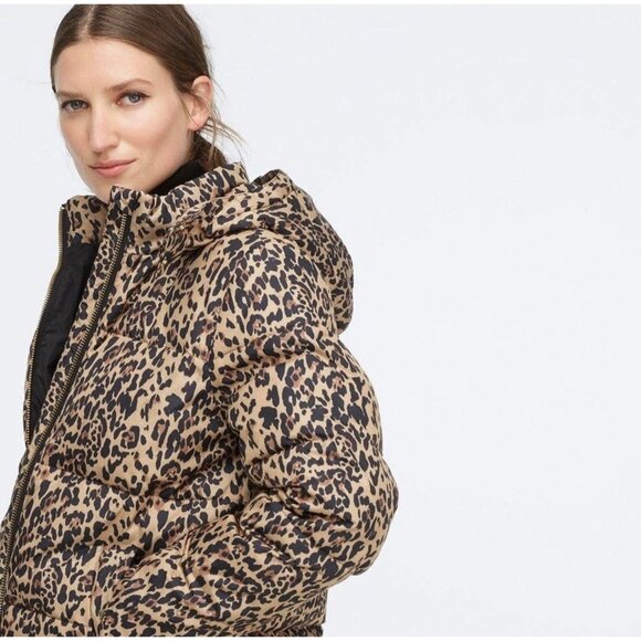 NEW! J.Crew Leopard Animal Print Full Zip Hooded Puffer Coat Brown SZ M - Picture 1 of 10